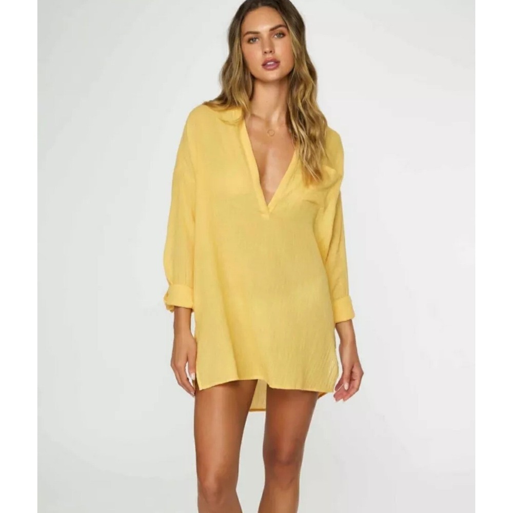 ONeill Yellow Gauze Cotton Beach Cover Up Shirt Dress Womens  Sz L Resortwear